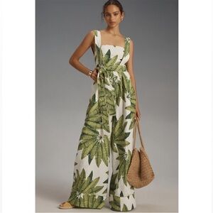 Farm Rio x Anthropologie Palm Fan Off-White Jumpsuit NWT Size XS Linen